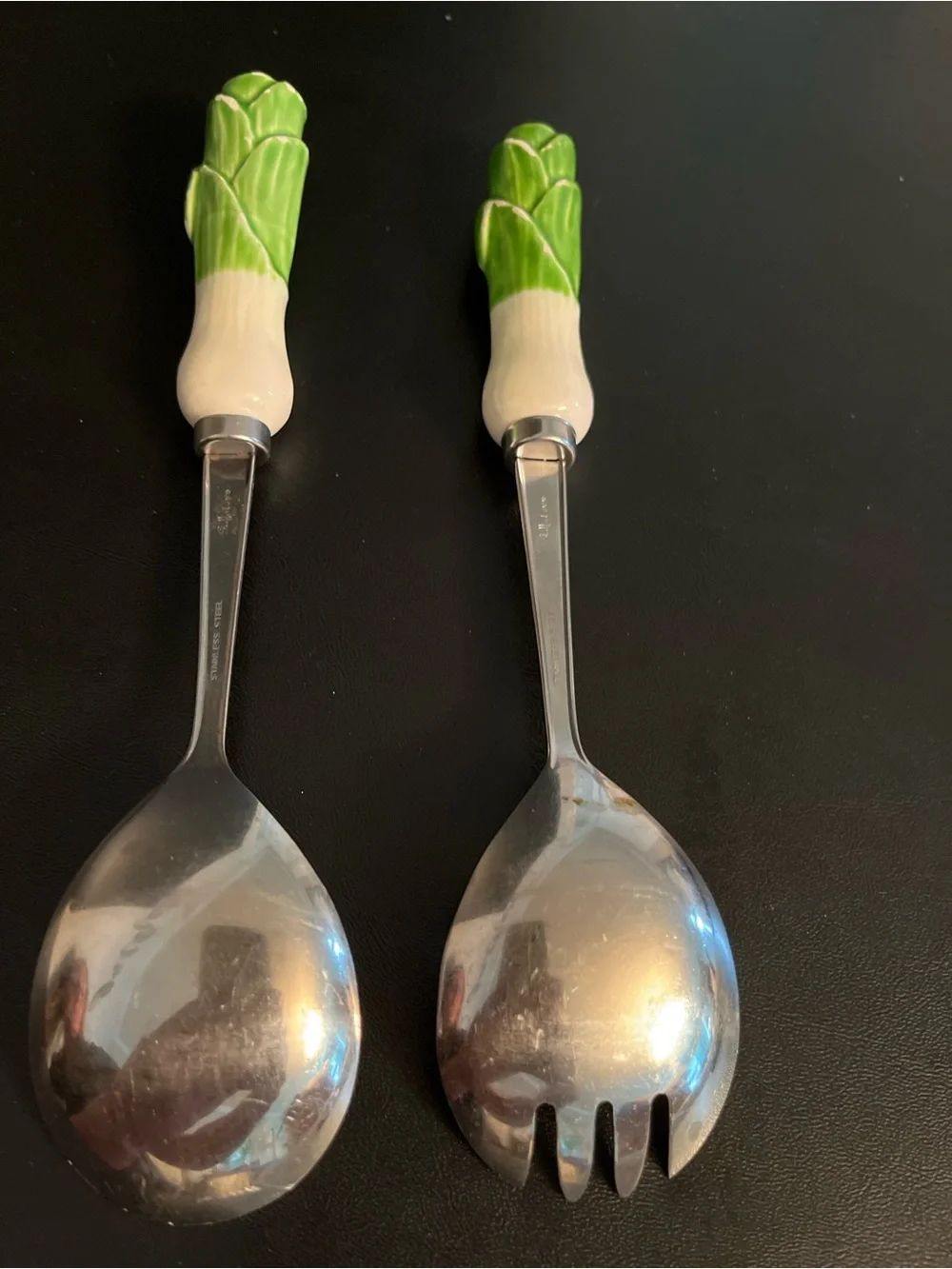 Vintage Shafford Set of salad serving spoon and fork with green ceramic handles